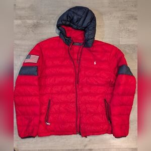 Polo by Ralph Lauren Red & Navy Hooded Down Puffer Jacket